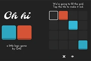 Czarny ekran z kolorowymi kwadratami, instrukcjami w języku angielskim po prawej stronie oraz niebieskim i czerwonym kwadratem po lewej