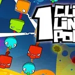 Kolorowe postacie o różnych emocjach na tle abstrakcyjnych kształtów z napisem 1 Click Line Pop