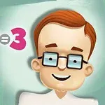 Mężczyzna z rudo-brązowymi włosami i okularami na tle równania matematycznego 1+2=3 w kolorze różowym na zielonym tle