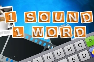 Kolorowe litery układające się w napis 1 SOUND 1 WORD na tle klawiatury i niebieskiego tła z elementami filmu fotograficznego