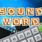 Kolorowe litery układające się w napis 1 SOUND 1 WORD na tle klawiatury i niebieskiego tła z elementami filmu fotograficznego