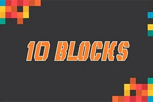Napis „10 BLOCKS” na ciemnym tle z kolorowymi pikselowymi wzorami w rogach