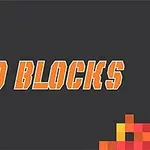 Napis „10 BLOCKS” na ciemnym tle z kolorowymi pikselowymi wzorami w rogach