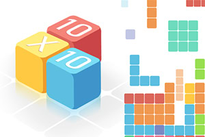 Trzy kolorowe, sześcienne klocki z numerem i literą 10 X 10 na białym tle obok układu mniejszych, kolorowych klocków