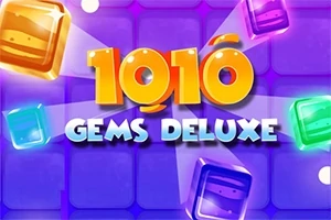 Kolorowe, połyskujące klocki na fioletowym tle z napisem 1010 Gems Deluxe