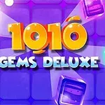 Kolorowe, połyskujące klocki na fioletowym tle z napisem 1010 Gems Deluxe
