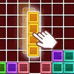 Ręka wskazująca na ułożone kolorowe klocki na siatce o ciemnym tle