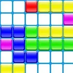 Kolorowe, geometryczne klocki na tle siatki, składające się z czerwonych, żółtych, fioletowych, niebieskich i zielonych kwadratów