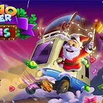 Święty Mikołaj jadący wozem przez kolorowe, zimowe tło z rozsypanymi klejnotami, z napisem 10x10 Winter Gems na górze