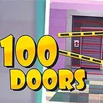 Kolorowy obrazek z napisem 100 Doors, przedstawiający zablokowane drzwi z taśmą ostrzegawczą oraz dużym kluczem i zamkiem