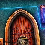 Drewniane drzwi z misternym wzorem metalowym, ozdobna ramka ze świecącym obrazem, niebieska świetlista linia, rzeźba i dekoracyjna tapeta w tle