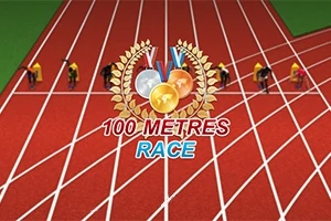 Biegacze na starcie biegu na 100 metrów na czerwonej bieżni z nałożonymi medalami i napisem 100 METRES RACE
