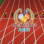 Biegacze na starcie biegu na 100 metrów na czerwonej bieżni z nałożonymi medalami i napisem 100 METRES RACE