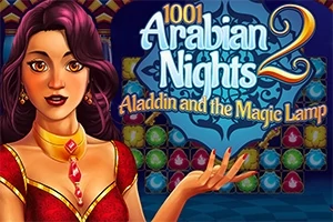 Kobieta w czerwonej sukni z klejnotem na szyi na tle wielobarwnych klejnotów, obok napisu 1001 Arabian Nights 2