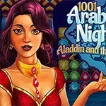 Kobieta w czerwonej sukni z klejnotem na szyi na tle wielobarwnych klejnotów, obok napisu 1001 Arabian Nights 2
