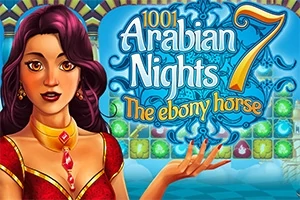 Kobieta z długimi, fioletowymi włosami w czerwonej sukni, trzymająca rękę w górze na tle kolorowego wzoru z napisem 1001 Arabian Nights 7: The ebony horse