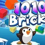 Pingwin na lodzie z kolorowymi klockami i napisem 1010 Bricks