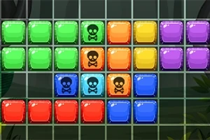 Kolorowe bloki na siatce, niektóre z symbolami czaszki, ułożone w prostokątny wzór