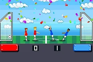 Dwóch pikselowych bohaterów na boisku piłkarskim, jeden z nich w czerwonym stroju, drugi w niebieskim; wokół unosi się konfetti, a w tle widać bramki i chmury