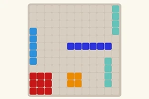 Plansza z siatką, na której umieszczono kolorowe bloki: czerwone, pomarańczowe, niebieskie i turkusowe