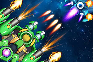 Zielony statek kosmiczny strzelający pociskami w kierunku fioletowego statku na tle gwiezdnej przestrzeni