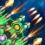 Zielony statek kosmiczny strzelający pociskami w kierunku fioletowego statku na tle gwiezdnej przestrzeni