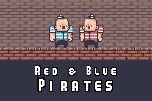 Dwóch postaci w pixel art w czerwonych i niebieskich strojach pirackich na tle ceglanego muru z napisem Red & Blue Pirates
