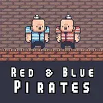 Dwóch postaci w pixel art w czerwonych i niebieskich strojach pirackich na tle ceglanego muru z napisem Red & Blue Pirates