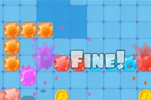 Kolorowe klejnoty ułożone na niebieskiej siatce z napisem FINE!