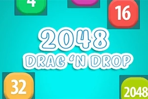 Niebieskie tło z białym napisem 2048 Drag n Drop otoczonym kolorowymi kwadratami z liczbami