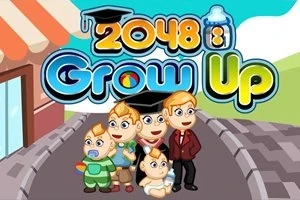 Grafika przedstawia grupę dzieci i dorosłego na tle budynku z kolorowym napisem 2048 Grow Up