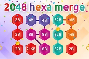 Kolorowe sześciokątne kafelki z liczbami, napisy 2048 hexa merge i konfetti na jasnym tle