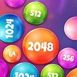 Kolorowe kulki z liczbami, takie jak 2048, 1024, 512, i inne na fioletowym tle