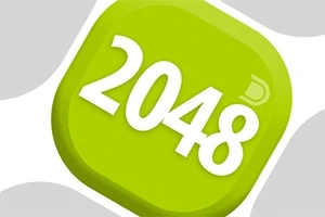 Zielona ikona z białym napisem 2048 na tle szarych kształtów