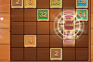 Drewniana plansza z kolorowymi, numerowanymi kafelkami, z wyróżnionym kafelkiem 2048 w centrum