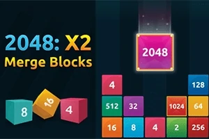 Kolorowe bloki z liczbami na ciemnym tle, z centralnie widocznym różowym blokiem oznaczonym 2048 i napisem „2048: X2 Merge Blocks”