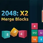 Kolorowe bloki z liczbami na ciemnym tle, z centralnie widocznym różowym blokiem oznaczonym 2048 i napisem „2048: X2 Merge Blocks”