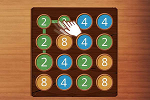 Kwadratowa plansza z drewnianymi płytkami o numerach w różnych kolorach, z białą dłonią rysującą linię łączącą dwa zielone numerki „2”