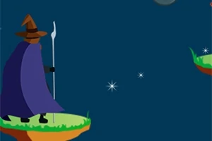 Czarodziej w kapeluszu i pelerynie, trzymający laskę, stoi na trawiastym klifie pod nocnym niebem