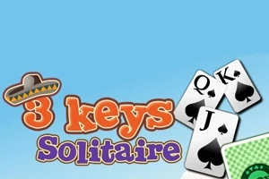 Napis 3 keys Solitaire z kapeluszem sombrero na literze 3, obok kart do gry z pikami