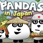 Trzy pandy w japońskich strojach, jedna z tacą sushi, na tle krajobrazu Japonii