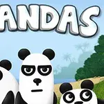 Trzy postacie pandy w kreskówkowym stylu na tle tropikalnego krajobrazu z morzem i statkiem