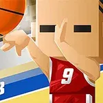 Kanciaste postacie grające w koszykówkę, jedna w czerwonym stroju z numerem 9 rzuca piłkę do kosza, na tle tablicy wyników i napisu CLUB