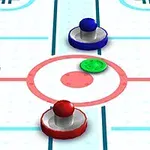 Stół do gry air hockey z niebieskim i czerwonym krążkiem oraz zielonym dyskiem na środku