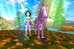 Postać w fioletowym stroju stoi obok zebry na tle kolorowego krajobrazu z drzewami i rzeką