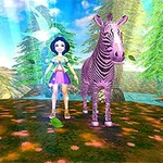 Postać w fioletowym stroju stoi obok zebry na tle kolorowego krajobrazu z drzewami i rzeką