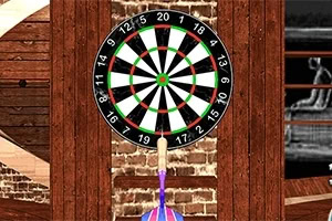 Tarcza do darta zawieszona na ścianie z cegieł, z kolorowym parasolem skierowanym w jej stronę