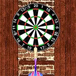 Tarcza do darta zawieszona na ścianie z cegieł, z kolorowym parasolem skierowanym w jej stronę