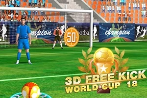 Piłkarz w niebieskim stroju stoi na boisku przed bramkarzem, z piłką do strzału i widocznym napisem 3D Free Kick World Cup 18