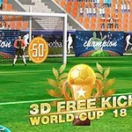 Piłkarz w niebieskim stroju stoi na boisku przed bramkarzem, z piłką do strzału i widocznym napisem 3D Free Kick World Cup 18